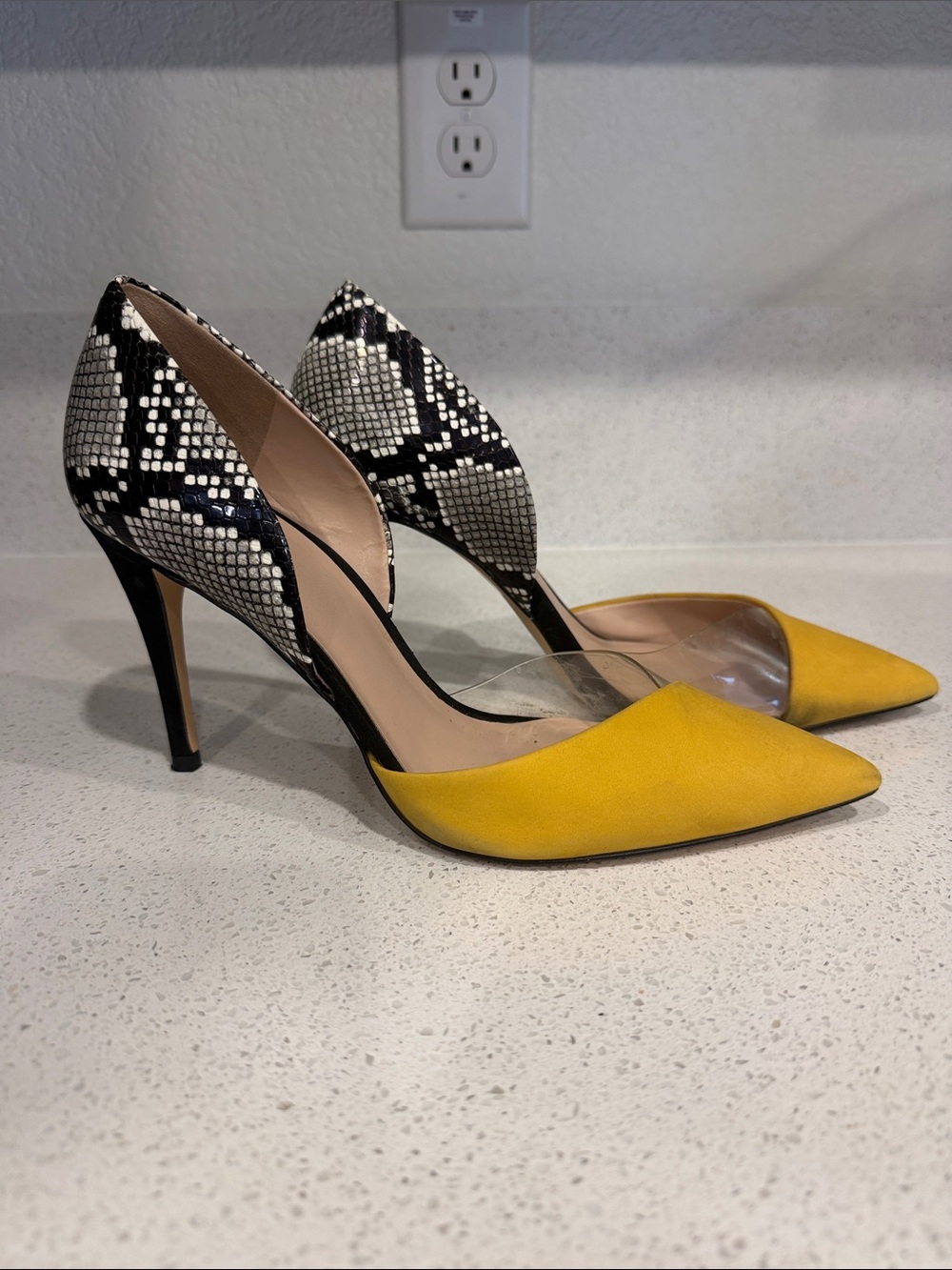 ALDO Yellow Pointed D'Orsay Heels with Clear Panel and Patterned Heel
